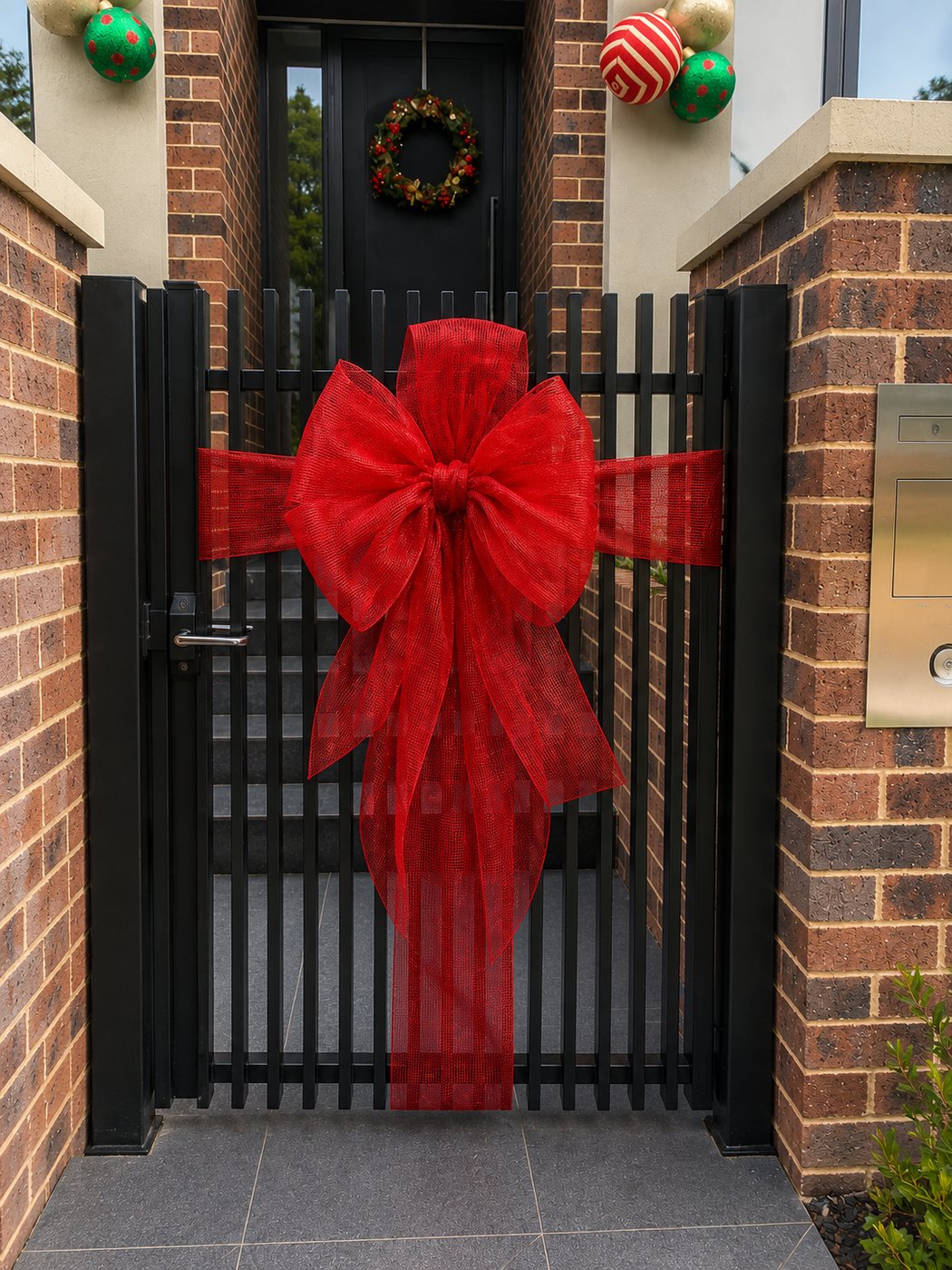 Red bow on a gate with a wreath on the door behind