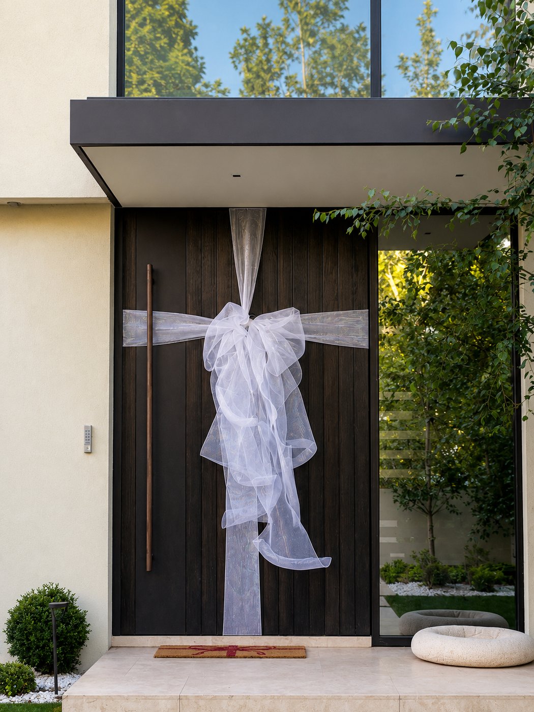 White sheer bow on a dark wooden front door