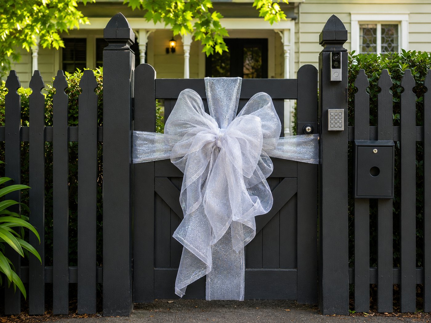 Silver bow on a dark gate with keypad entry