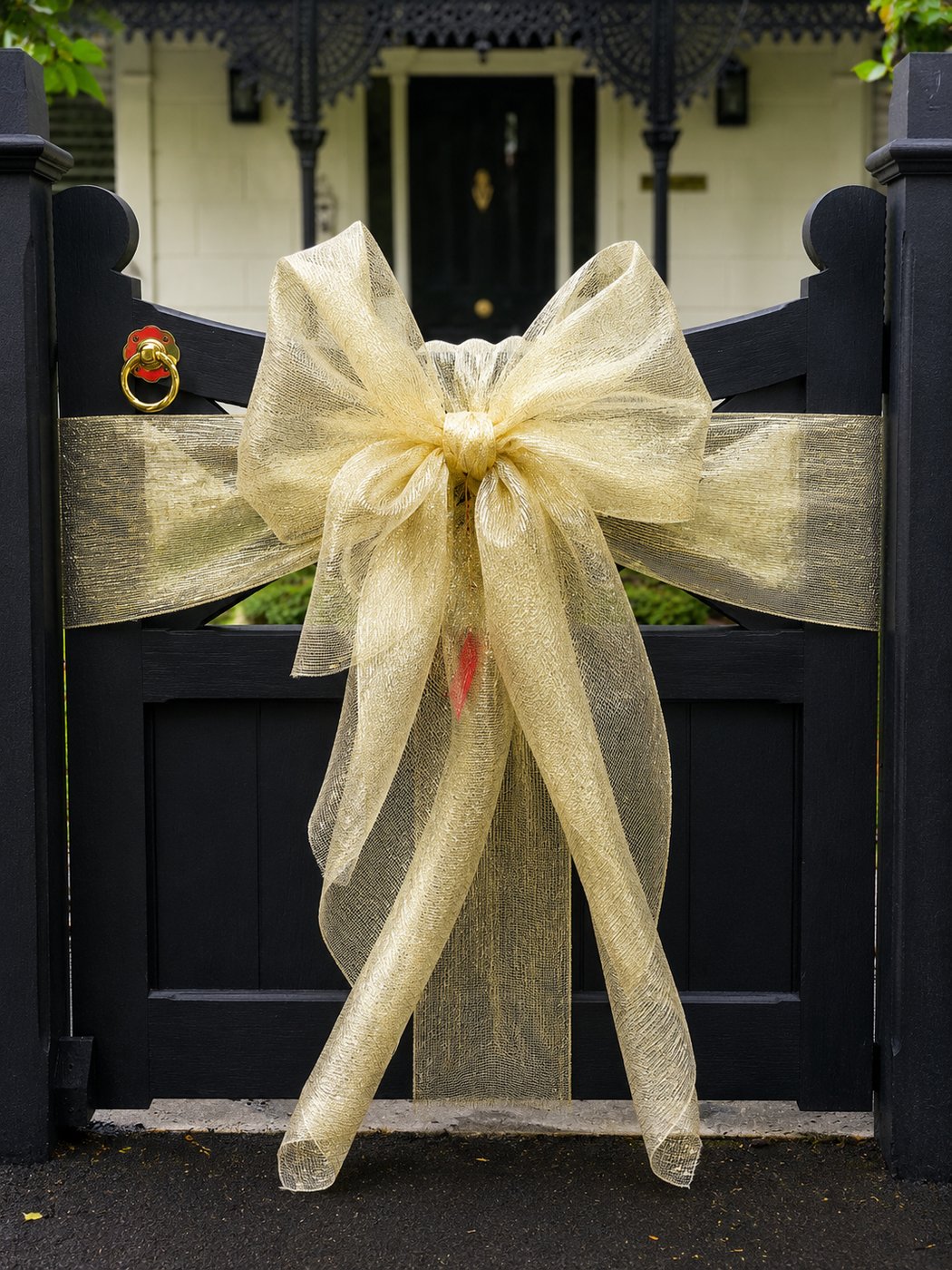 Gold bow on an ornate Victorian gate