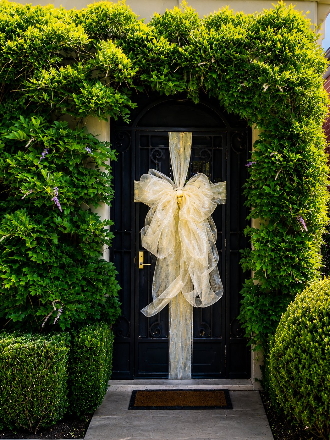 Gold bow at a front door framed by a hedge archway