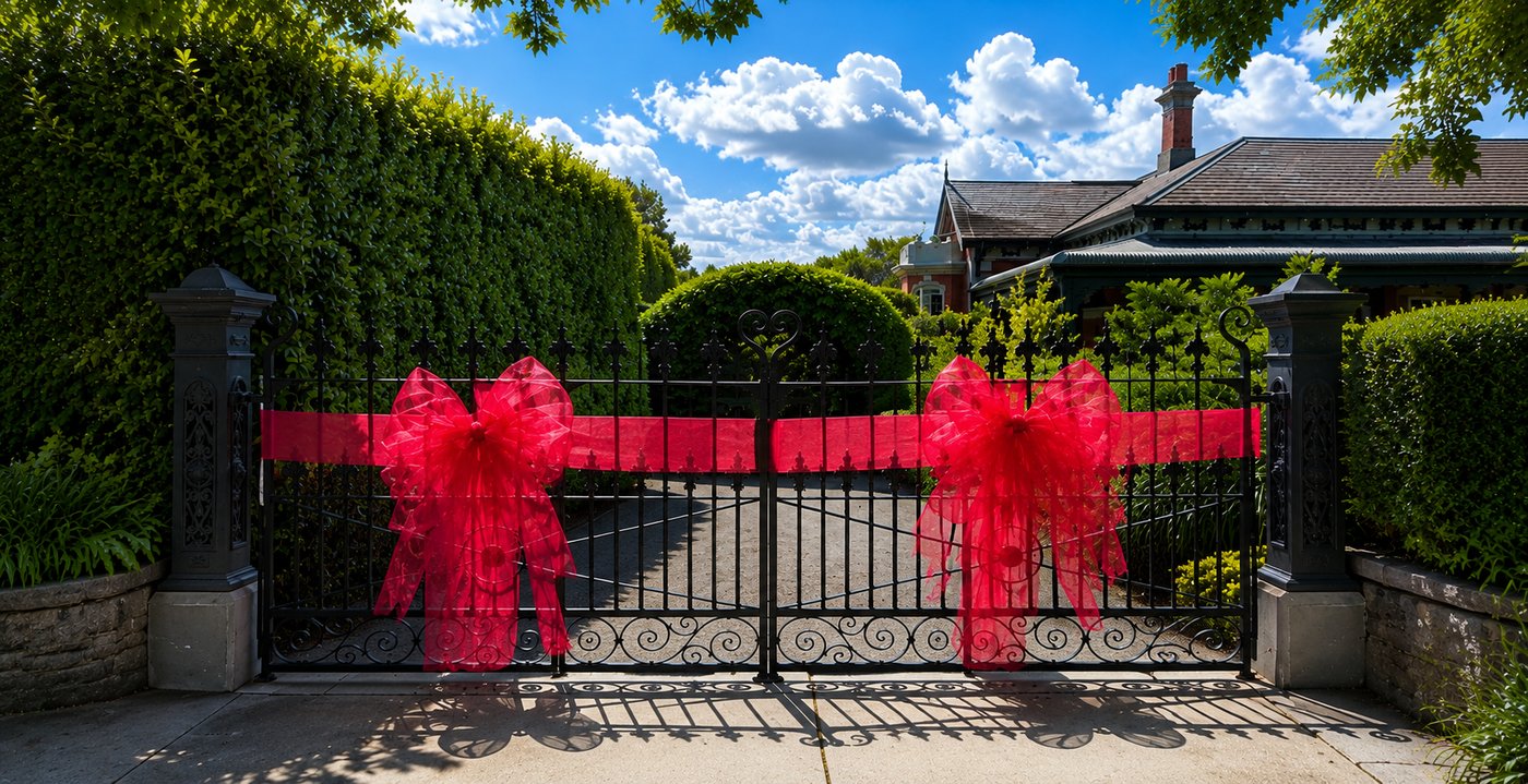 A grand wrought iron estate gate tied with two oversized red bows under a blue sky